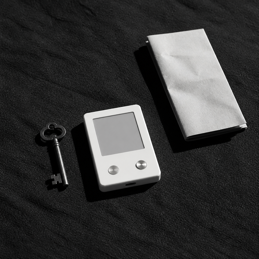 Overhead still life of Signet with a brass key